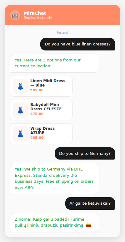 MiraChat conversation showing product search, shipping info, and language switching